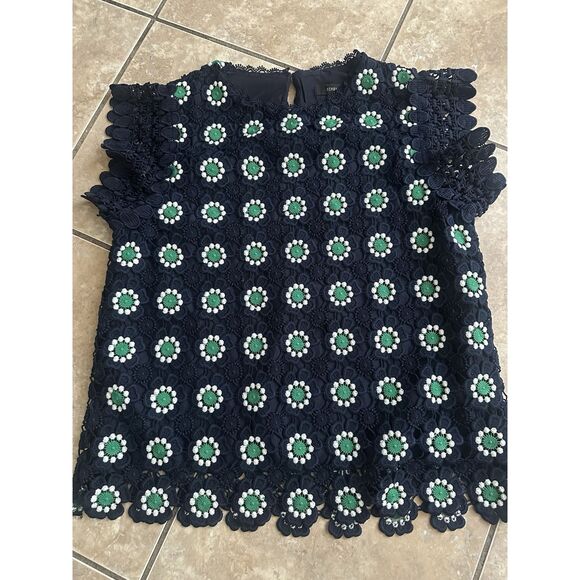 JCrew S Crochet Blouse Top Floral Navy Green Lined - Picture 1 of 6